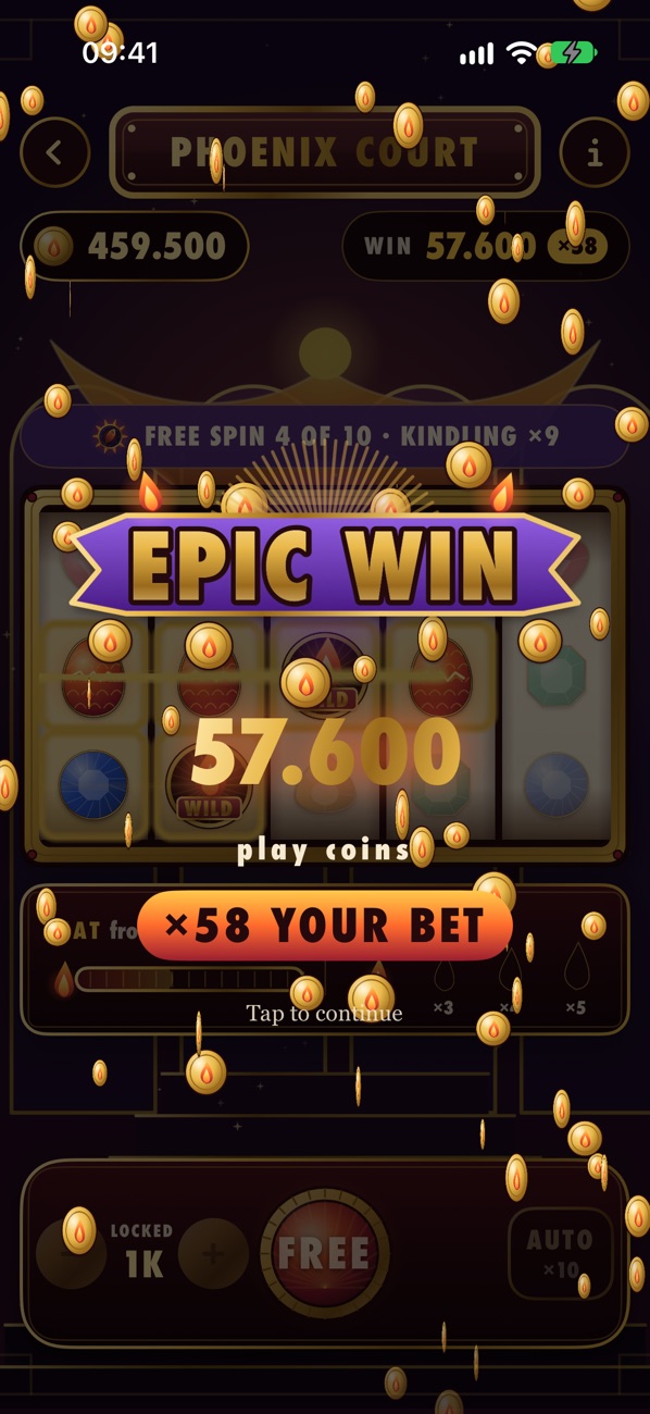 Epic Win of 57,600 play coins, 58 times the bet, during Phoenix free spins